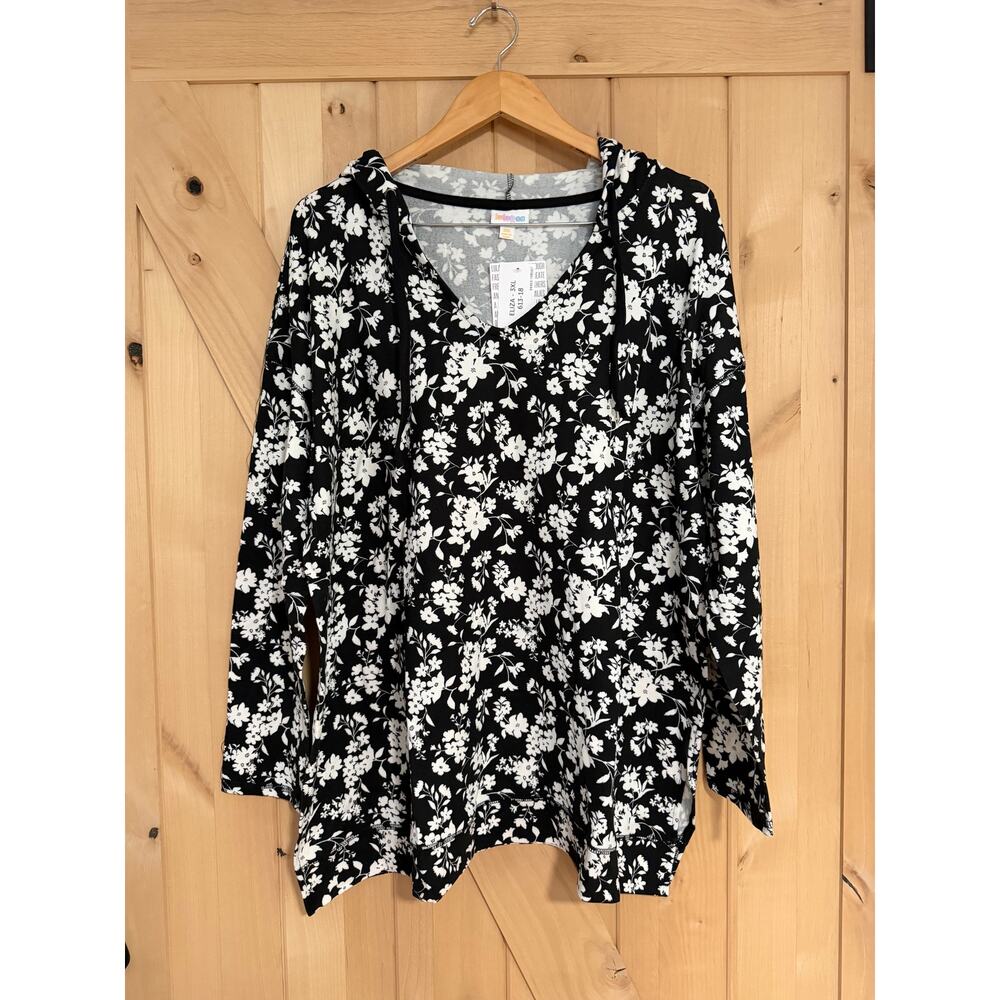LulaRoe | NWT Eliza Long Sleeve Hoodie Top Black Floral Print | Size 3XL (26-28)